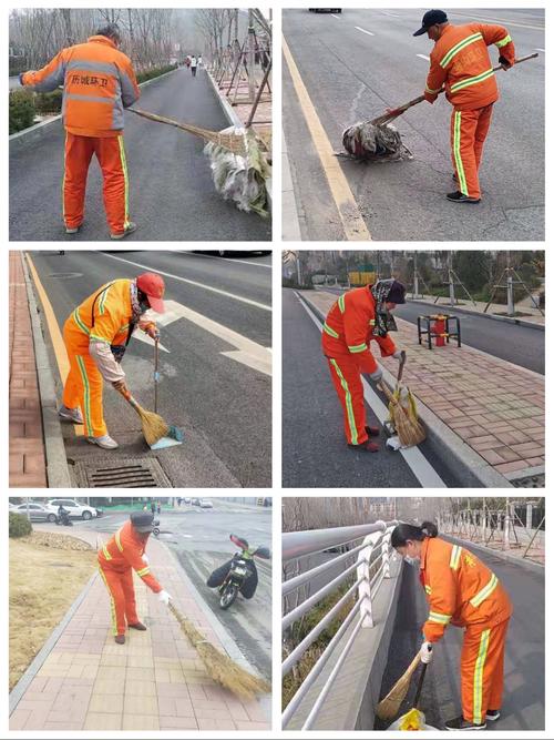 市政道路保洁员进行日常道路普扫,并用小笤帚更加精细化扫除细小灰尘